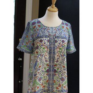 SUNDANCE Izmir Top Silk Printed Blouse Peacock Boho Short Sleeve Size Small (S)